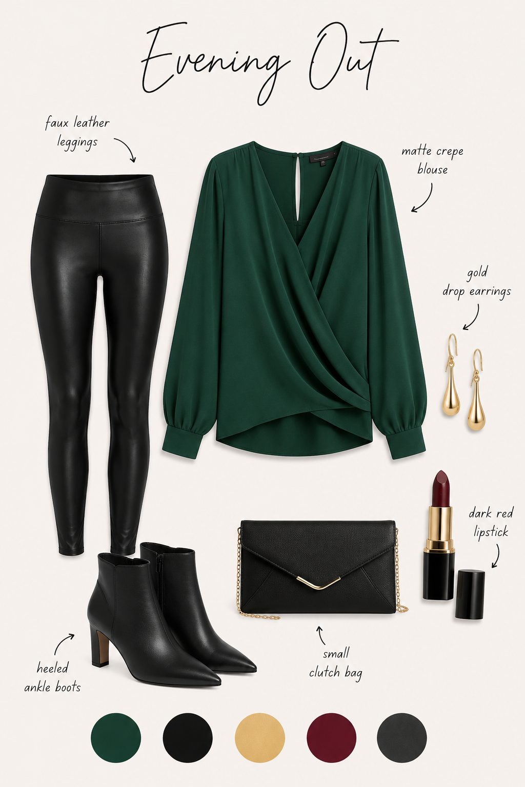 Evening out outfit collage with leather leggings, green crepe blouse, heeled boots and colour palette