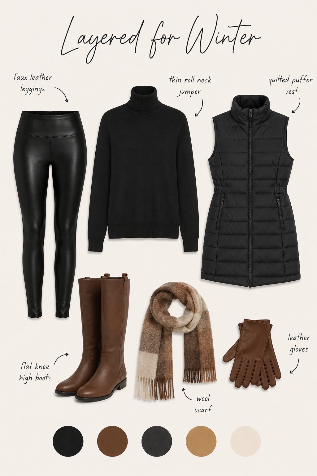 Layered winter outfit collage with leather leggings, roll neck, puffer vest, knee boots and colour palette