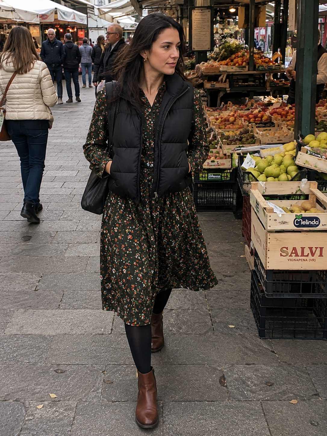 Puffer Vest Over a Midi Dress
