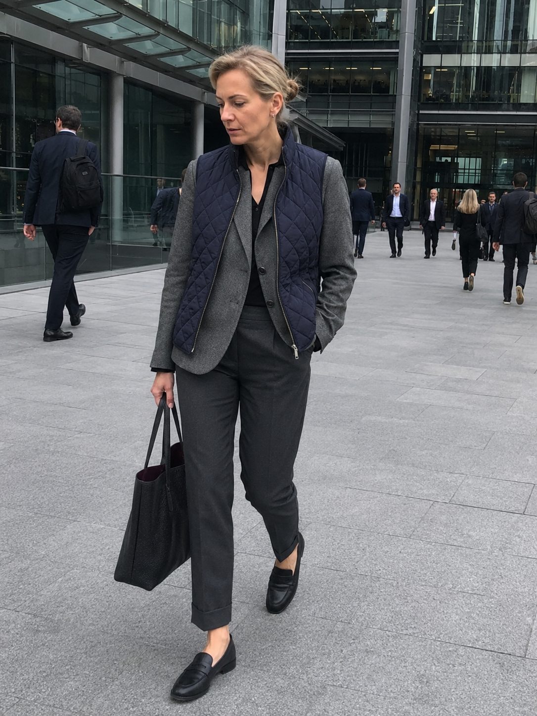 Puffer Vest Over a Blazer