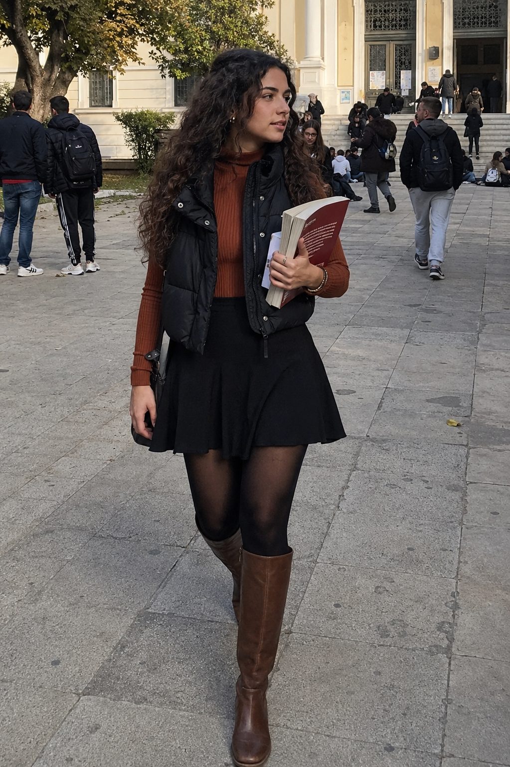 Puffer Vest Over a Turtleneck With a Skirt and Tights