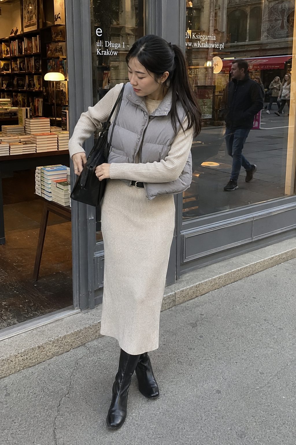 Puffer Vest Over a Knit Dress