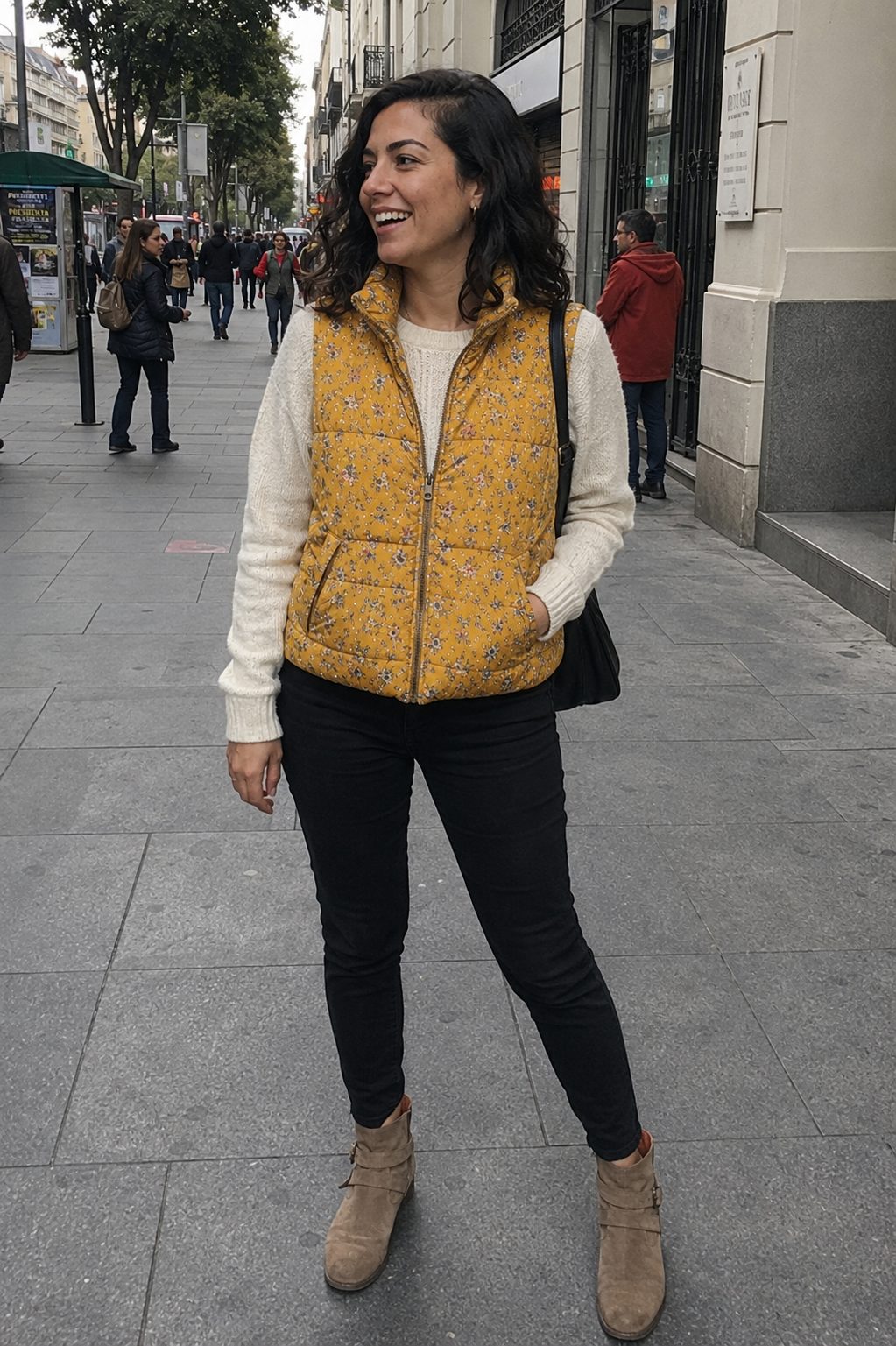 Patterned Puffer Vest With a Neutral Base