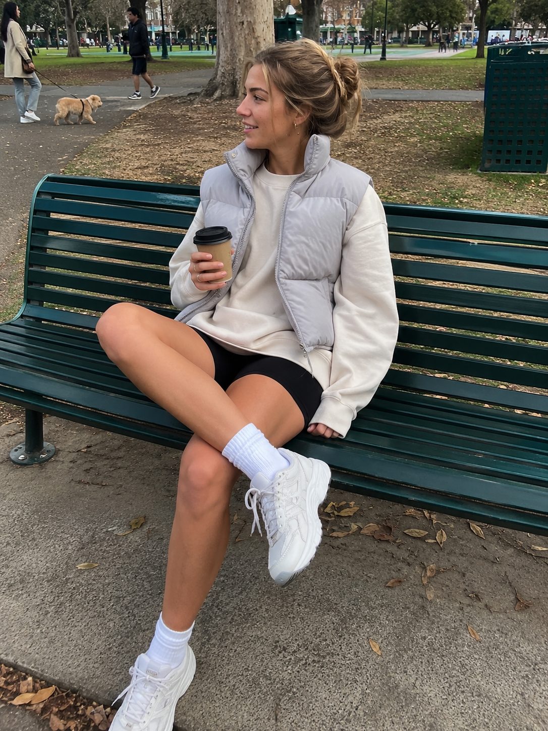 Puffer Vest With a Sweatshirt and Bike Shorts