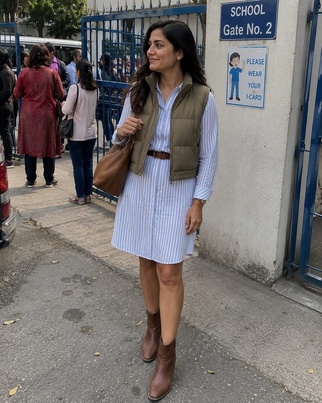 Puffer Vest Over a Shirt Dress