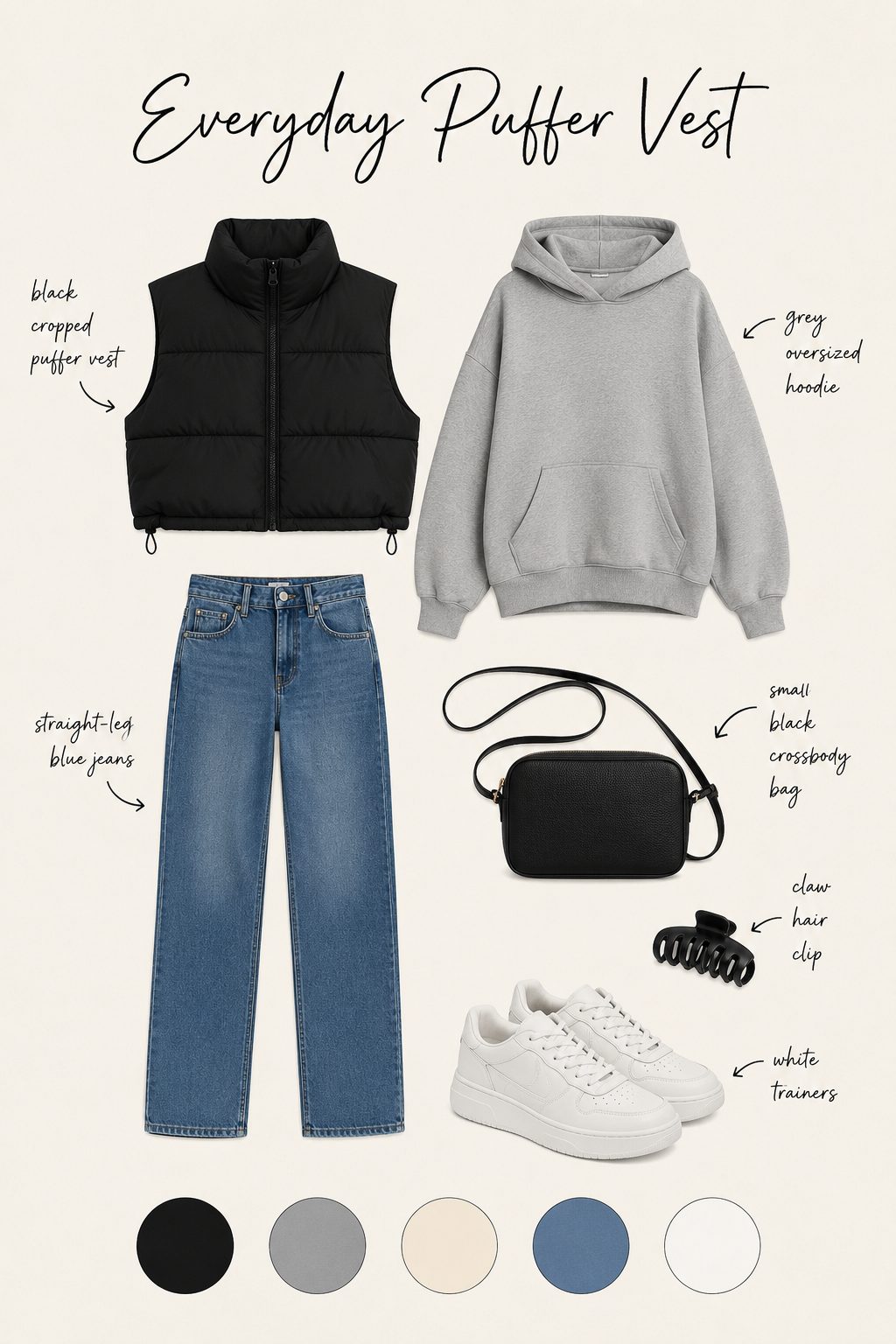Everyday puffer vest outfit collage with cropped vest, hoodie, jeans, trainers and colour palette