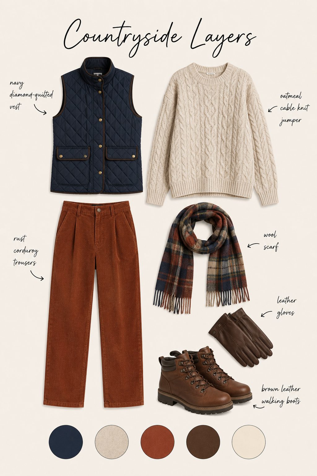Countryside layers outfit collage with quilted vest, cable knit, corduroy trousers and colour palette