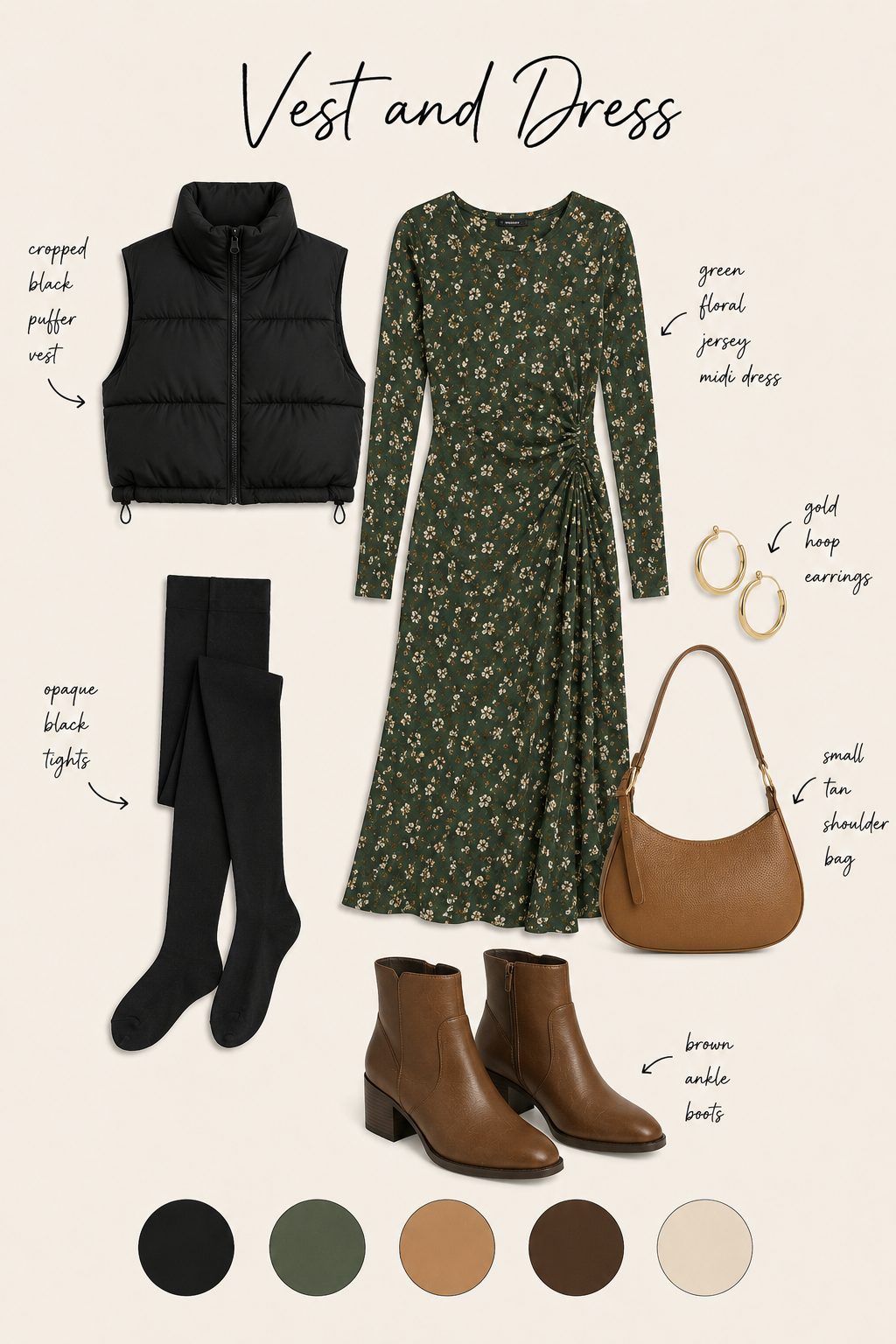 Vest and dress outfit collage with cropped puffer vest, floral midi dress, ankle boots and colour palette