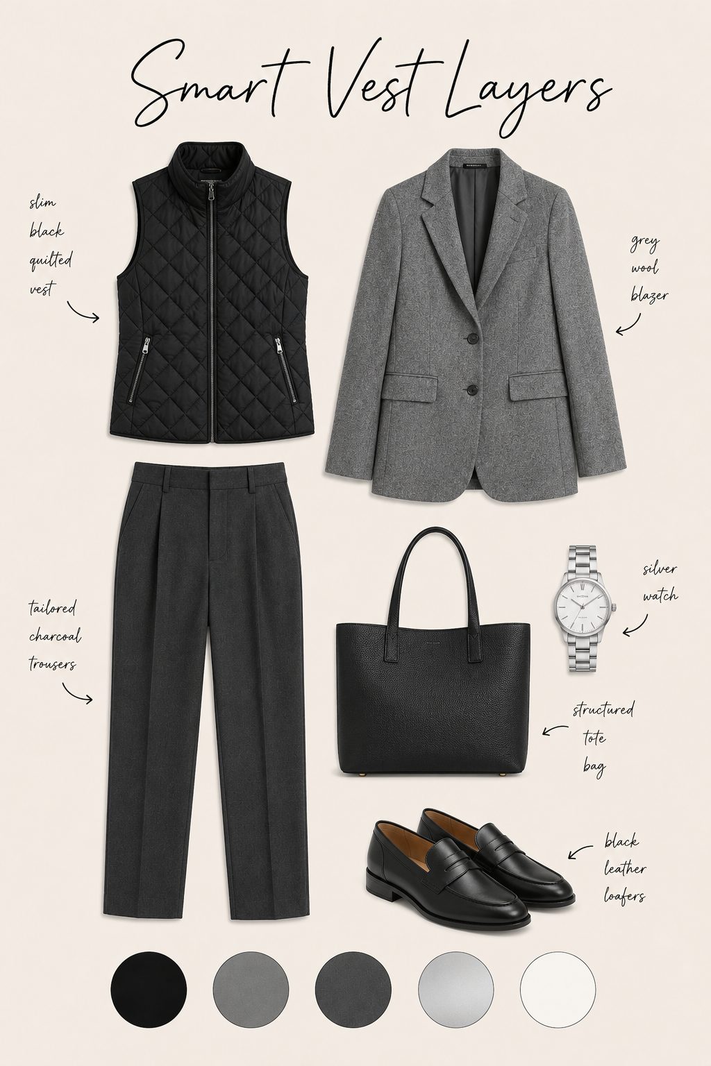 Smart vest layers outfit collage with quilted vest, wool blazer, tailored trousers and colour palette