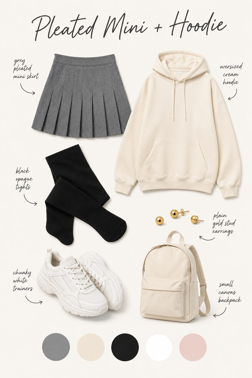Pleated mini and hoodie outfit collage with skirt, hoodie, tights, trainers and colour palette