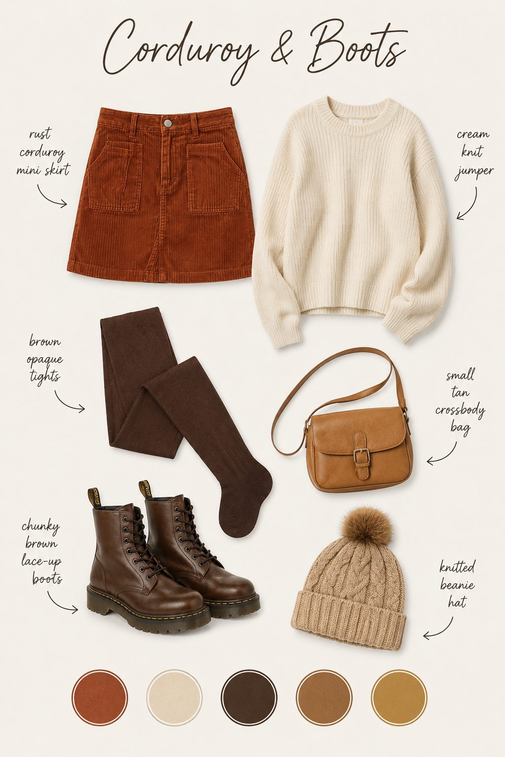 Corduroy and boots outfit collage with corduroy skirt, jumper, tights, boots and colour palette