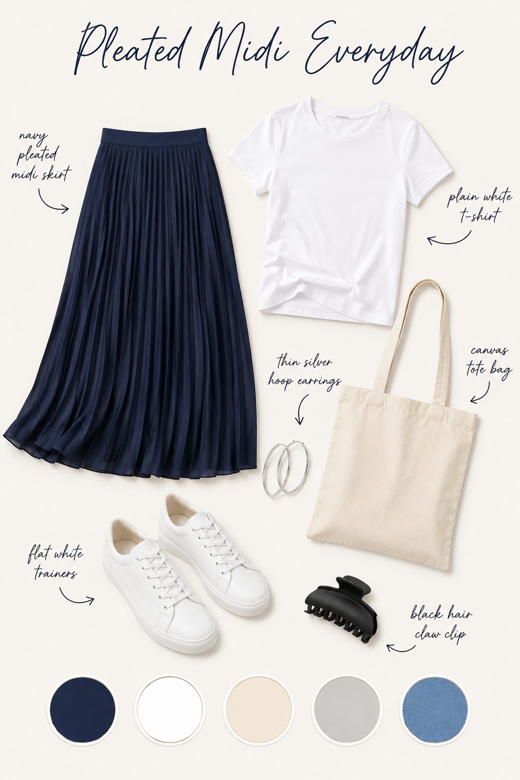Pleated midi everyday outfit collage with navy skirt, white tee, trainers and colour palette