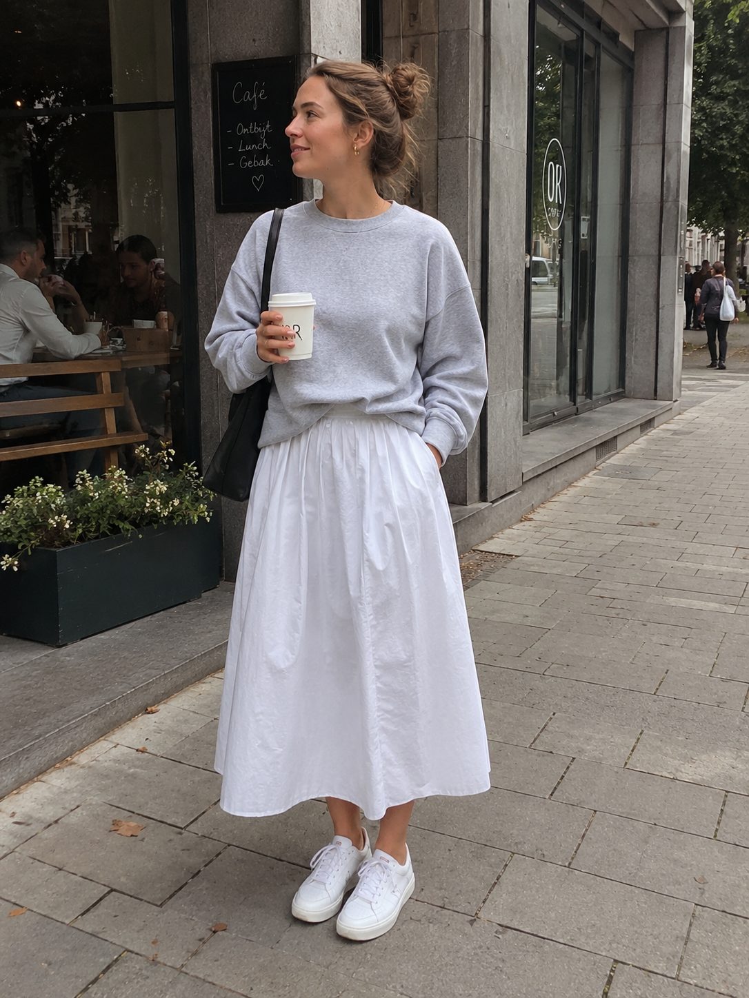 White Midi with a Grey Sweatshirt