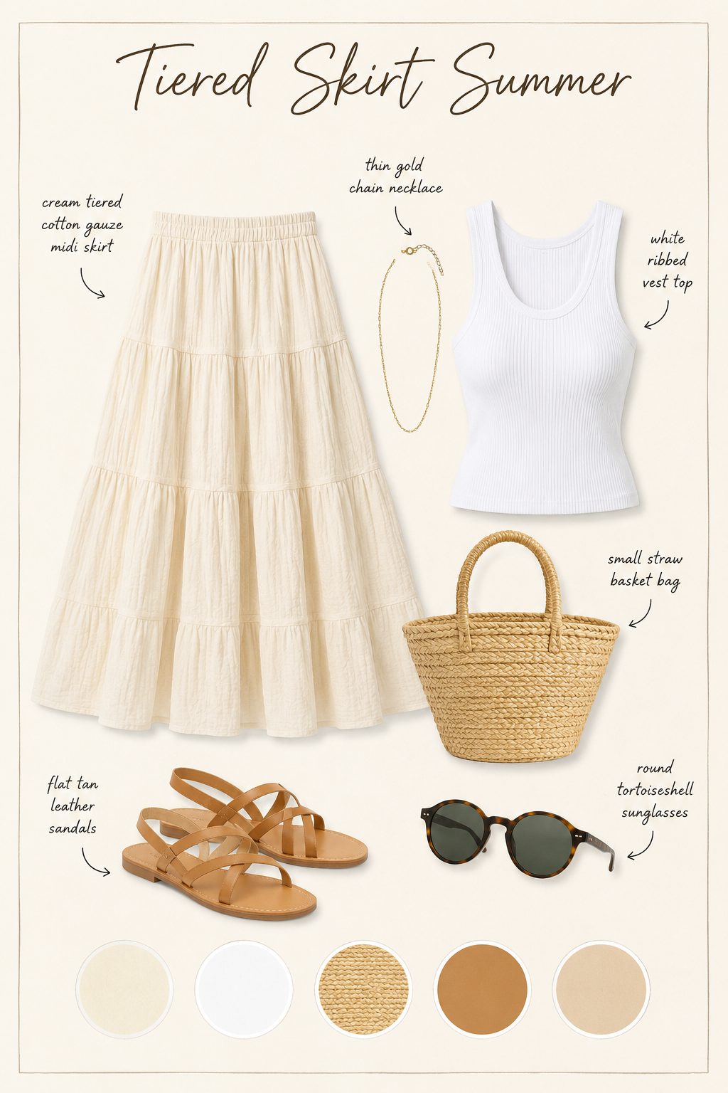 Tiered skirt summer outfit collage with gauze skirt, vest top, sandals and colour palette