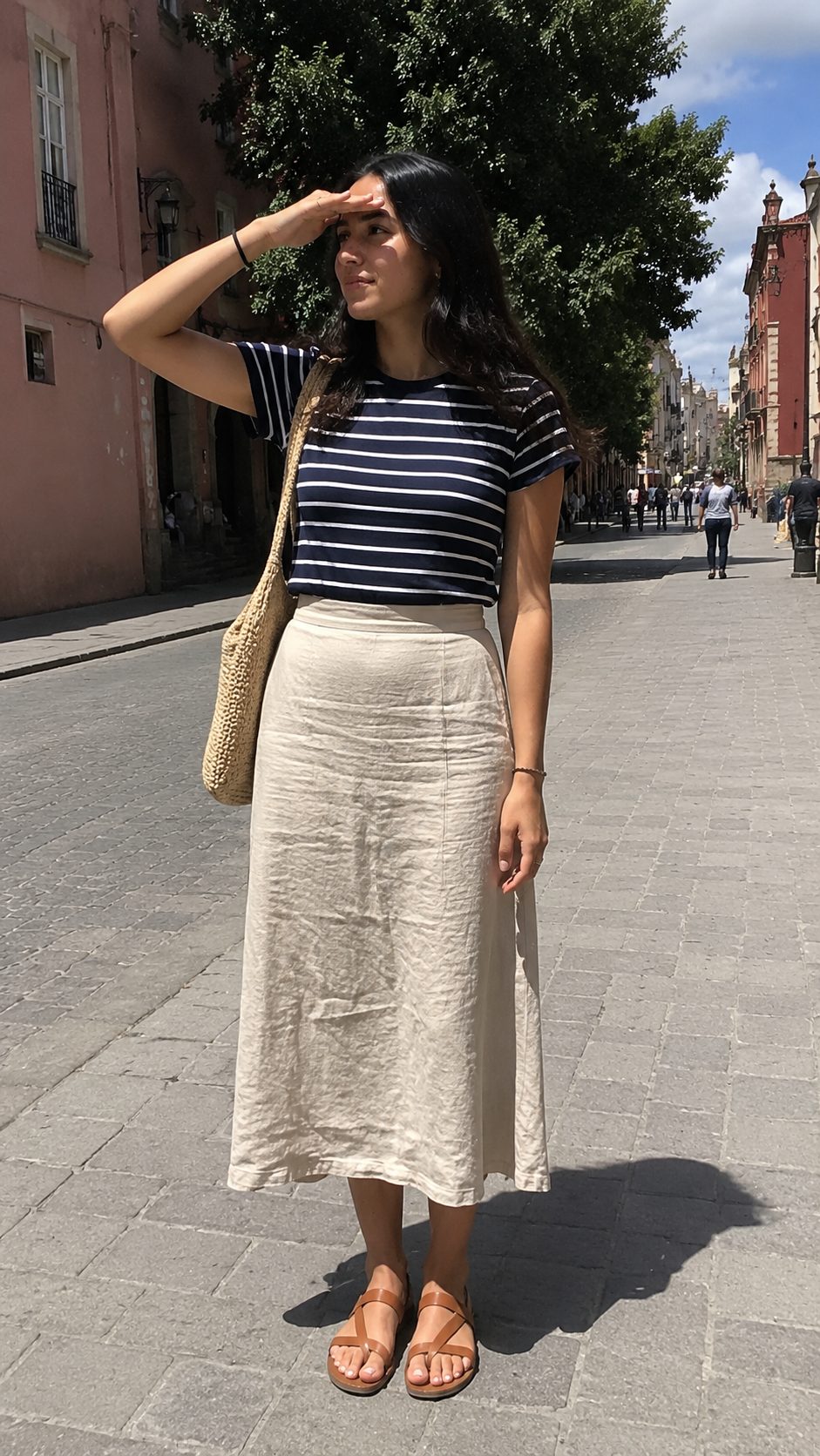 Linen Midi with a Striped Tee