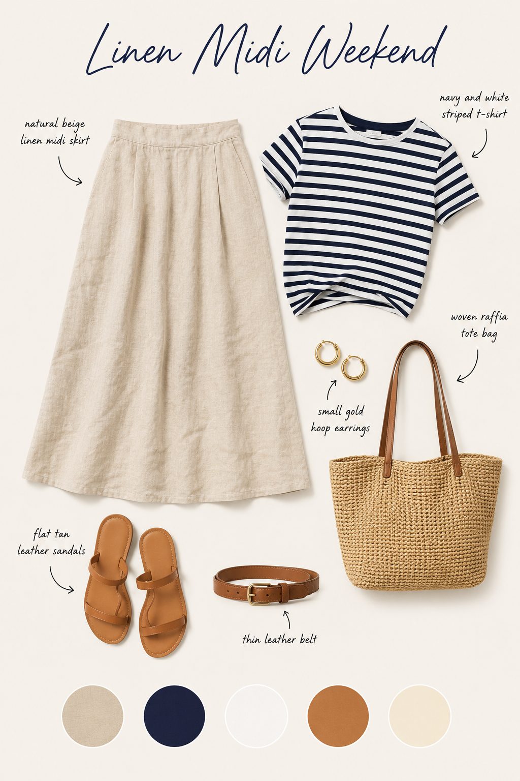 Linen midi weekend outfit collage with linen skirt, striped tee, sandals and colour palette