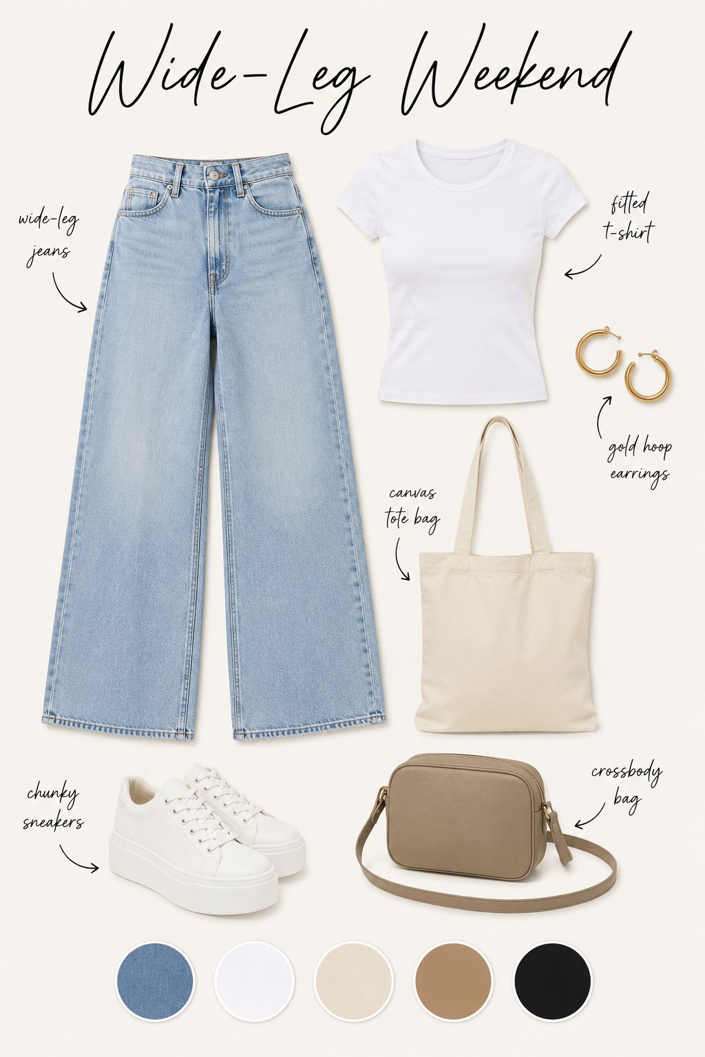 Wide-leg weekend outfit collage with jeans, white tee, platform sneakers and colour palette