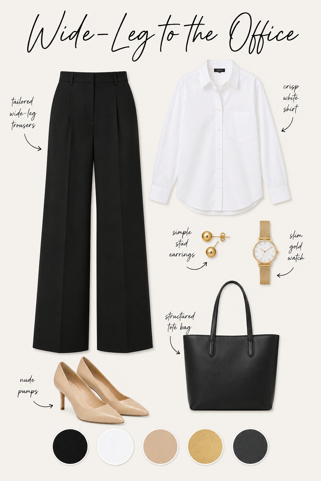 Wide-leg office outfit collage with tailored trousers, white shirt, pointed pumps and colour palette