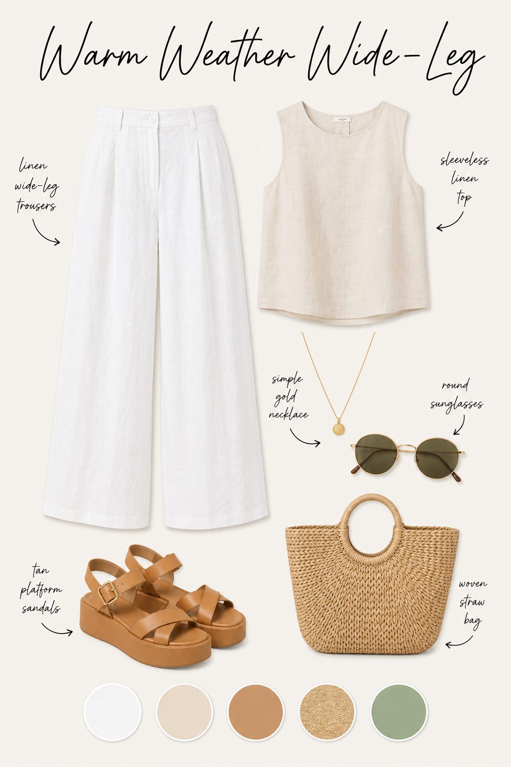 Warm weather wide-leg outfit collage with linen trousers, platform sandals, straw bag and colour palette