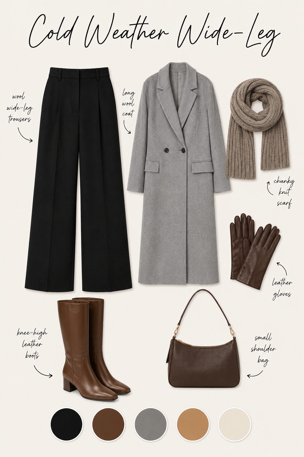 Cold weather wide-leg outfit collage with wool trousers, knee boots, coat and colour palette