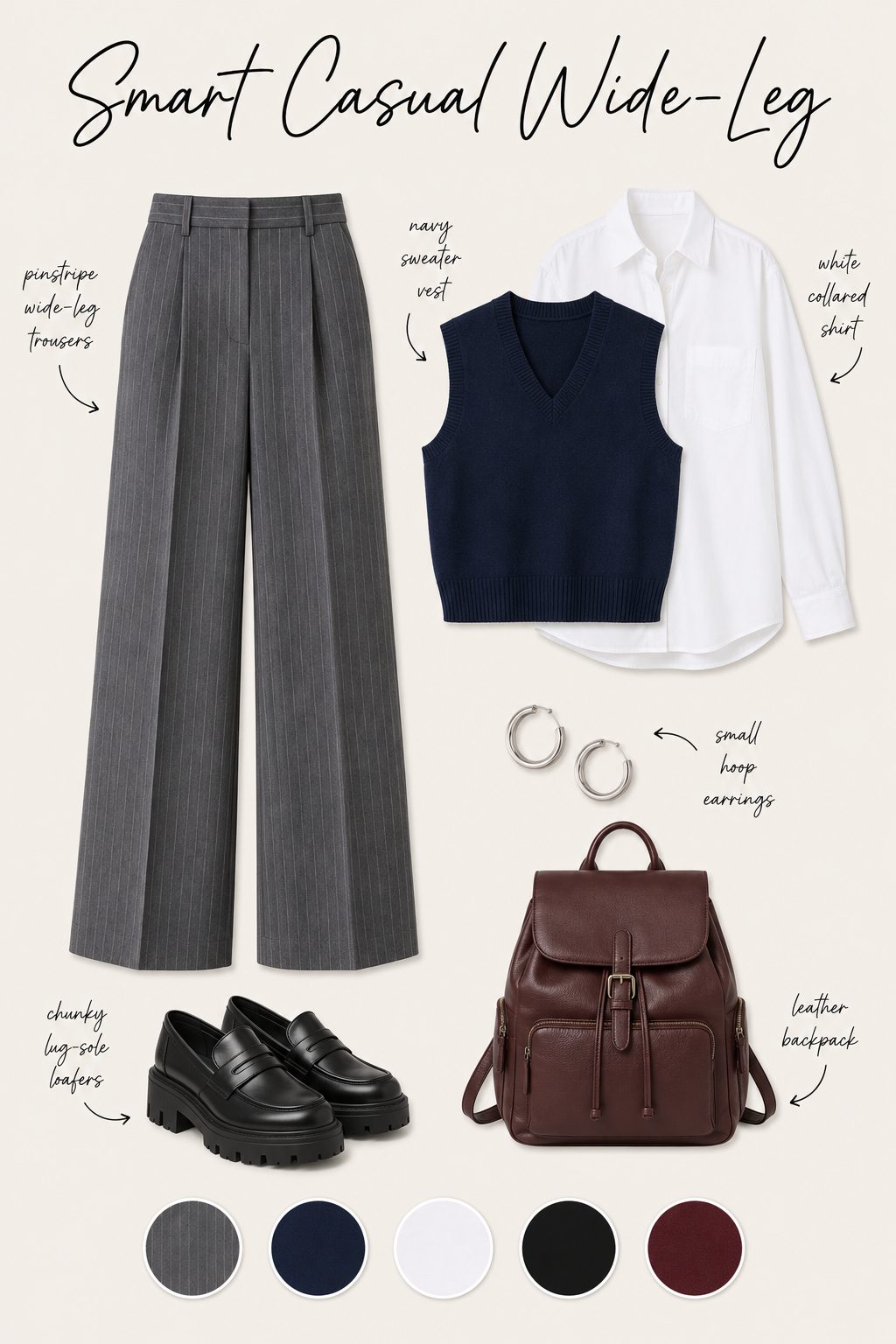 Smart casual wide-leg outfit collage with pinstripe trousers, sweater vest, loafers and colour palette