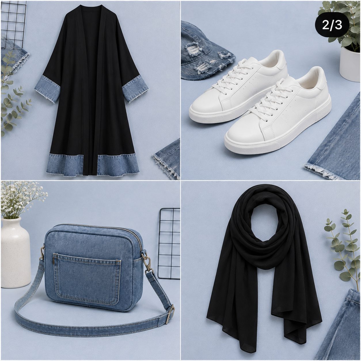 Denim-trim abaya for a casual street look