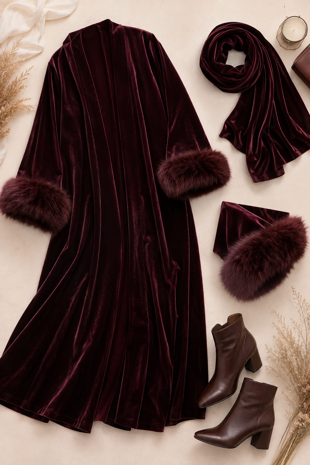 Velvet abaya with faux fur cuffs for winter