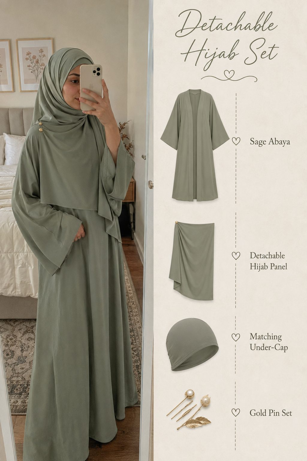 Abaya with detachable hijab set in matching fabric