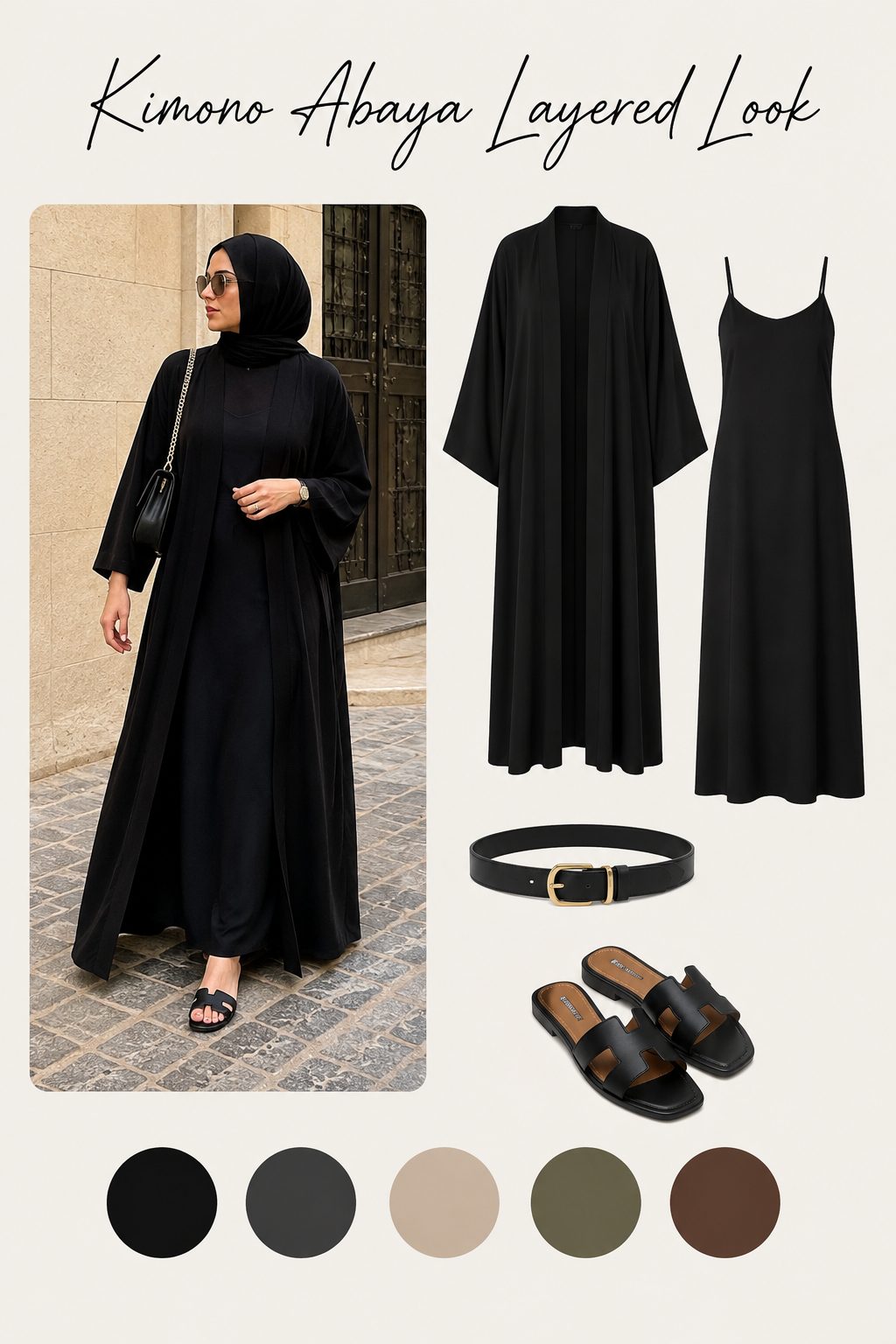 Open-front kimono abaya styled over a slip dress