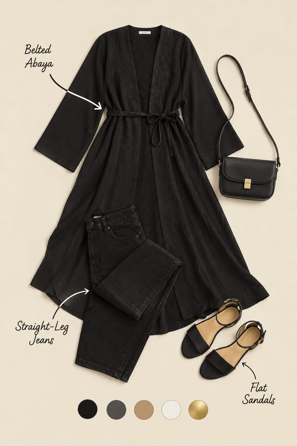 Straight-Leg Black Jeans Under a Belted Black Abaya for Daily Errands