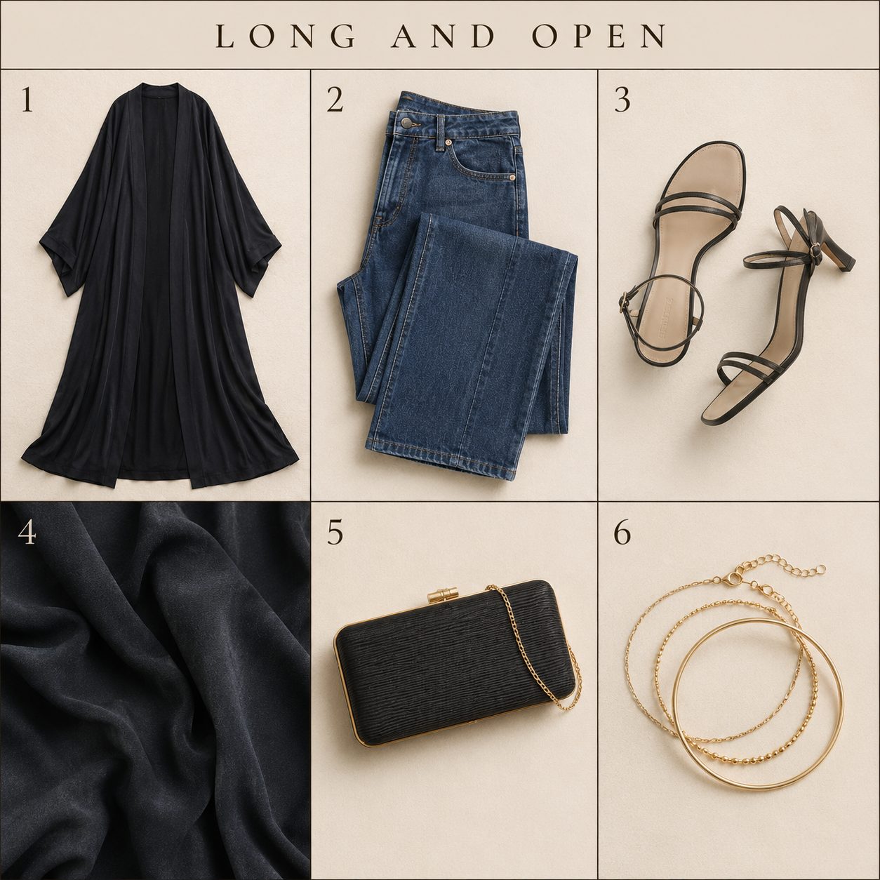 Wide-Leg Jeans With Heeled Sandals Under a Long Open Abaya