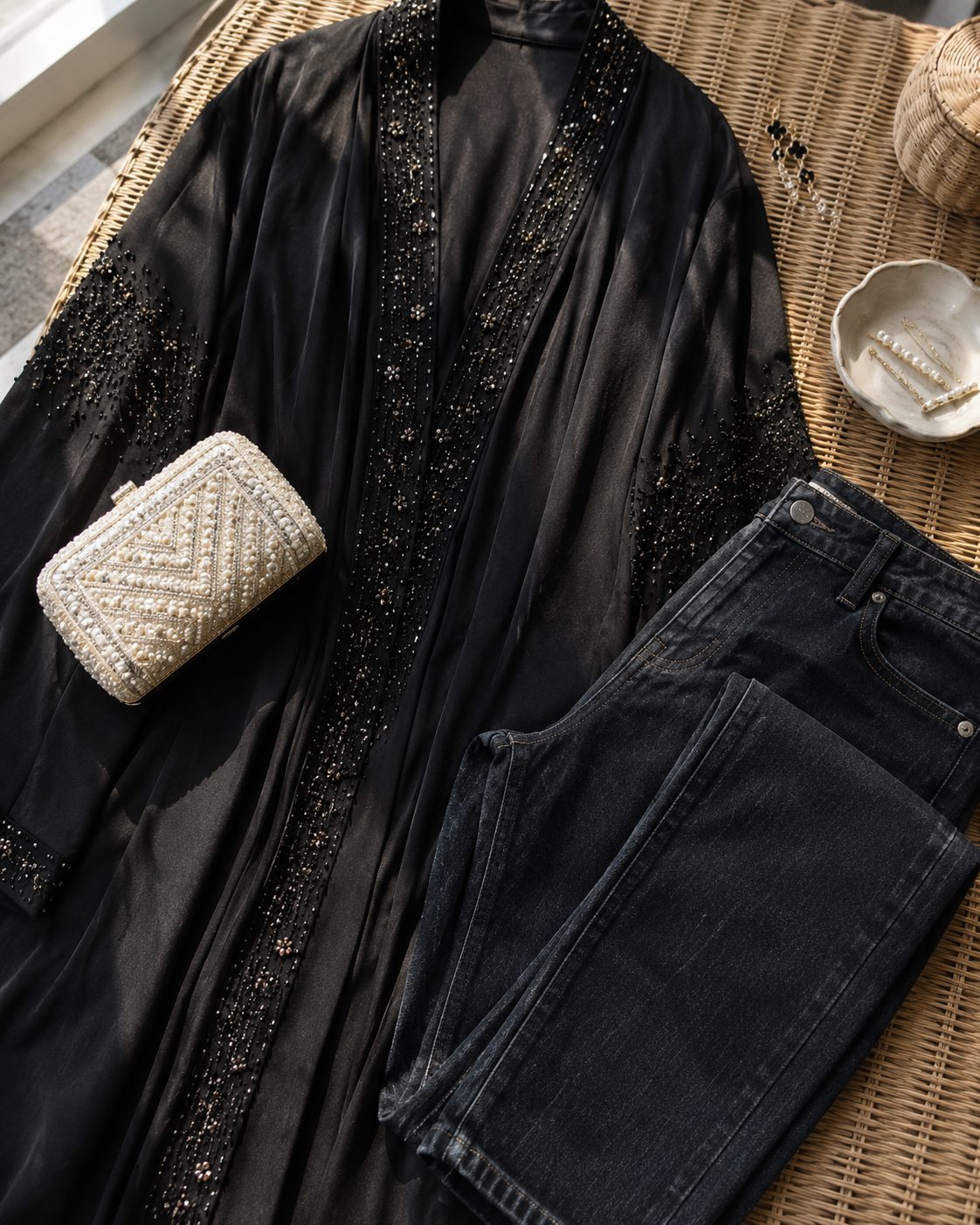 High-Waisted Jeans With a Crystal-Trim Abaya for a Wedding Guest Look