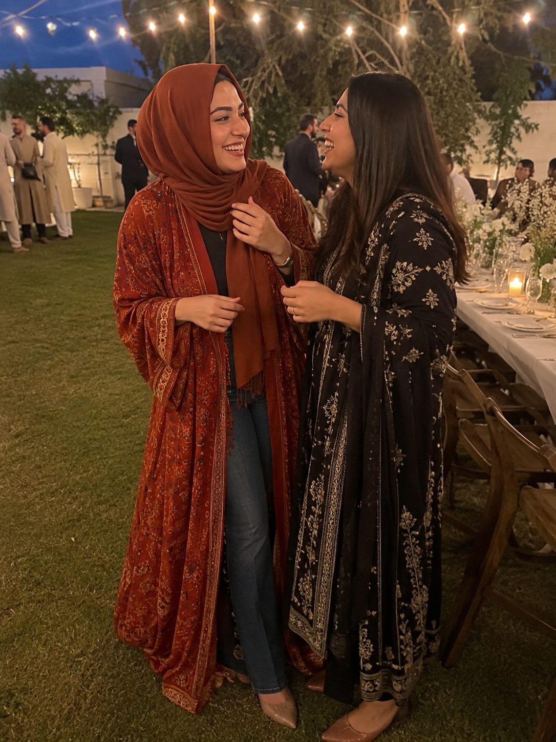 Straight-Leg Jeans With a Printed Abaya for a Family Gathering