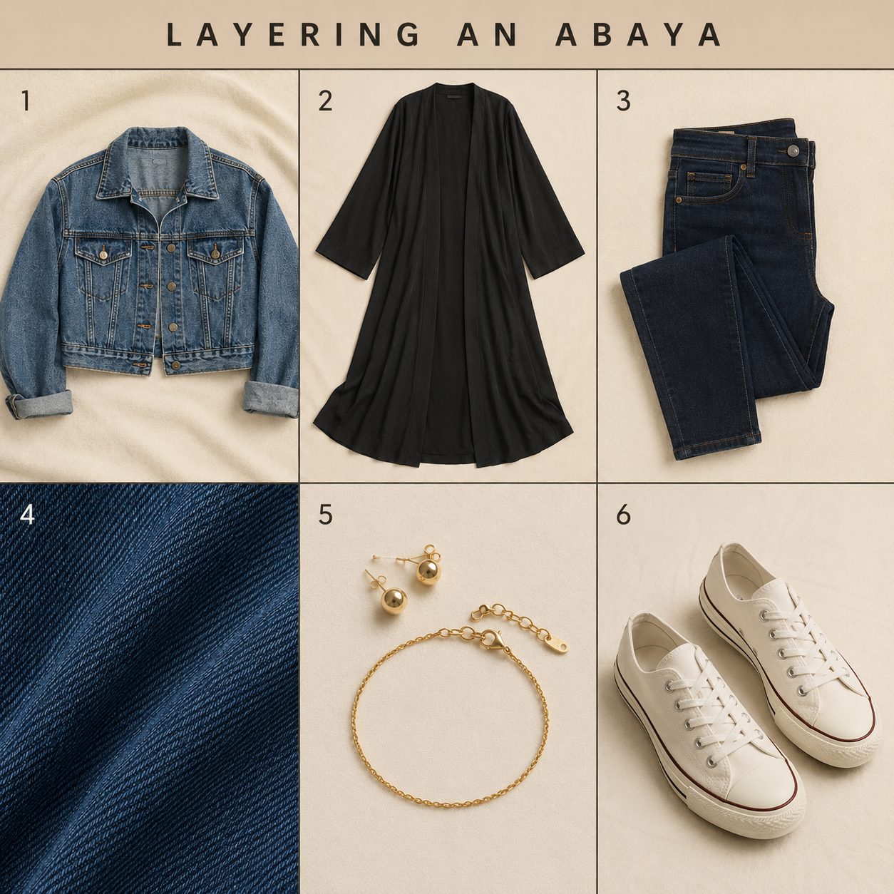 Skinny Jeans With a Cropped Denim Jacket Over an Open-Front Abaya