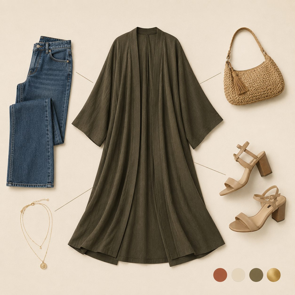 High-Waisted Wide-Leg Jeans Under a Kimono-Style Abaya