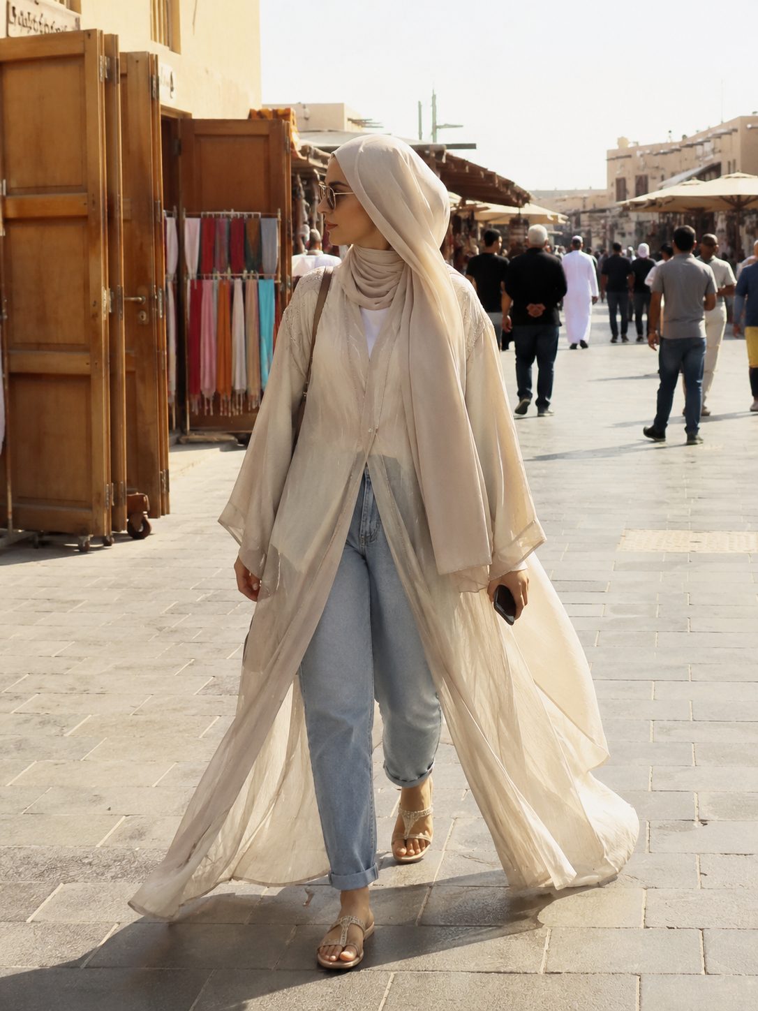 Mom Jeans With a Chiffon Abaya for Hot-Weather Days