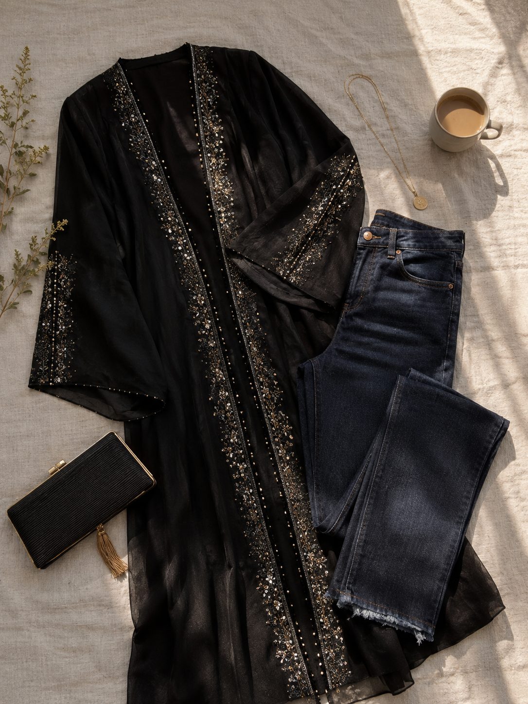 Dark-Wash Skinny Jeans Under an Embroidered Abaya for a Party