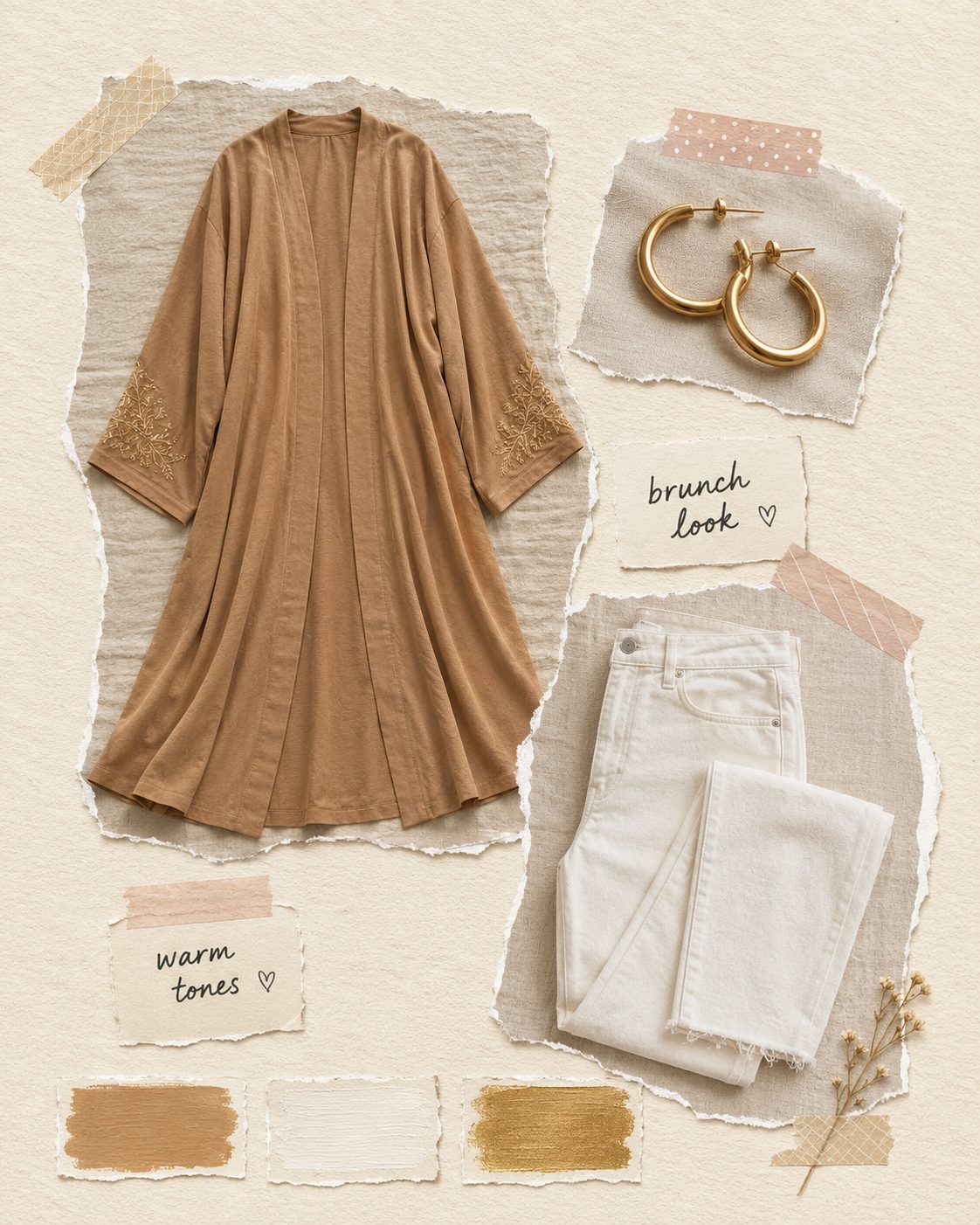White Jeans Under a Neutral Tan Abaya for a Summer Brunch