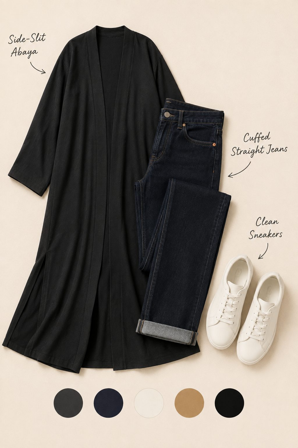Cuffed Straight Jeans With Sneakers Under a Side-Slit Abaya