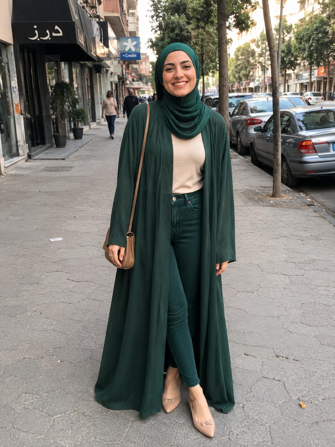 High-Rise Skinny Jeans Under a Monochrome Colored Abaya
