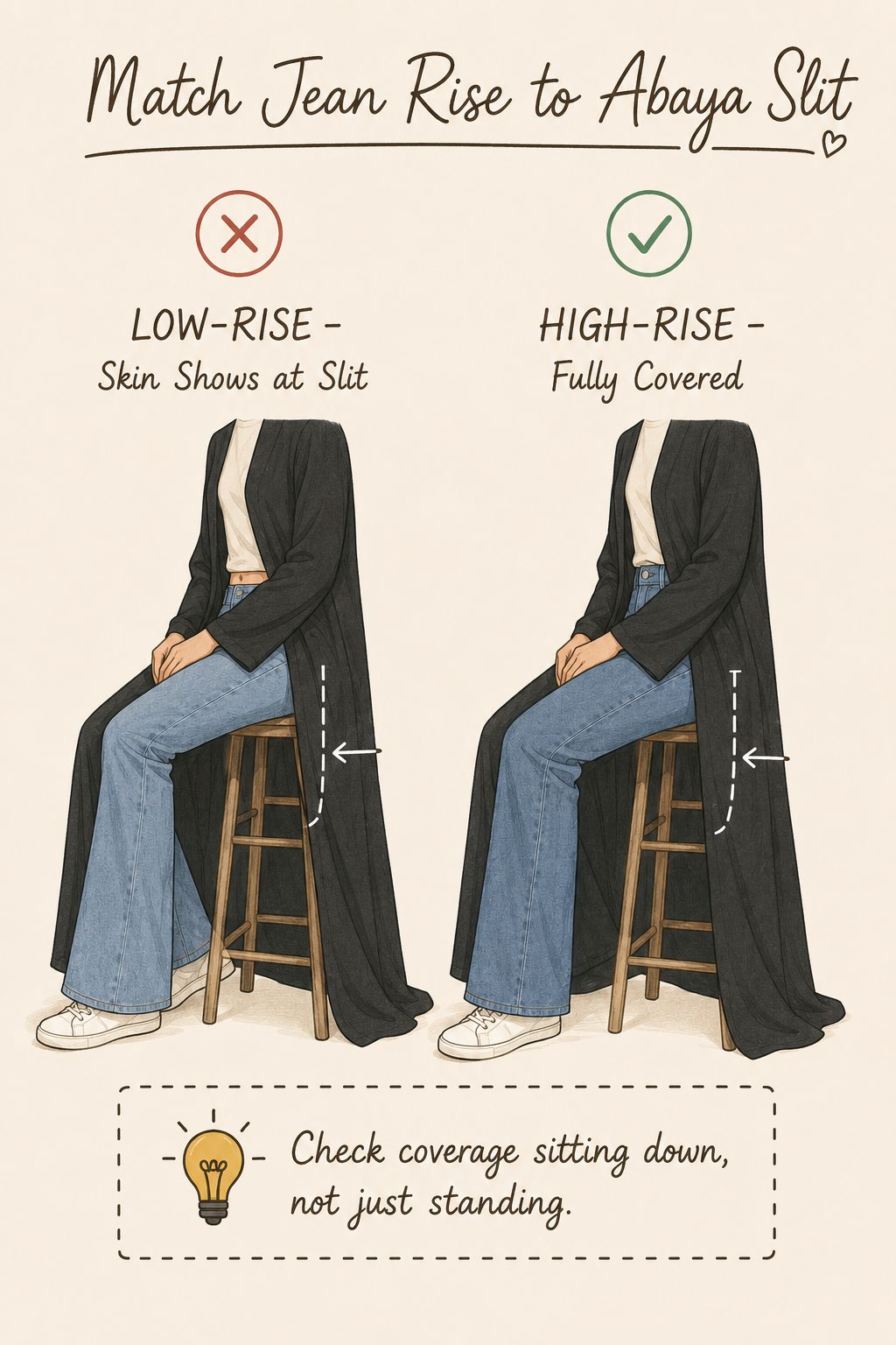 Match Jean Rise to Abaya Length So Nothing Peeks Out at the Slit