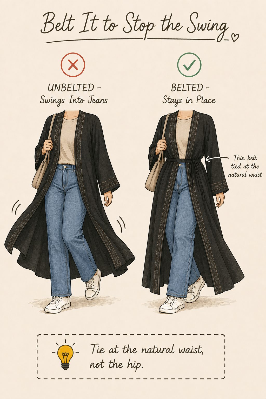 Belt the Abaya at the Natural Waist to Stop Fabric Swinging Into Your Jeans