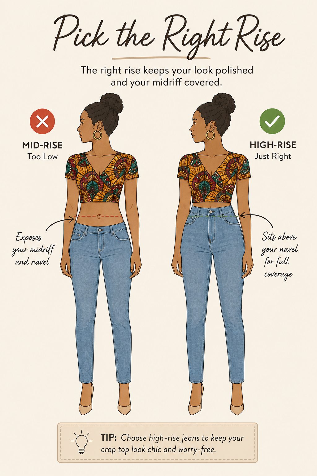 Pick a High-Rise Bottom That Sits At or Above Your Navel
