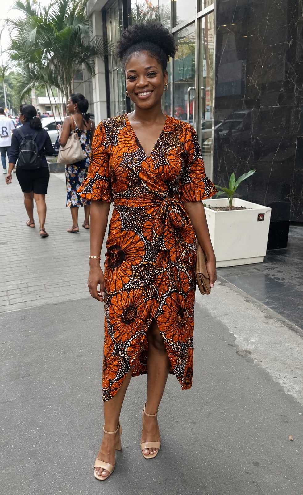 Ankara Wrap Dress With Gold Hoop Earrings and Nude Heels