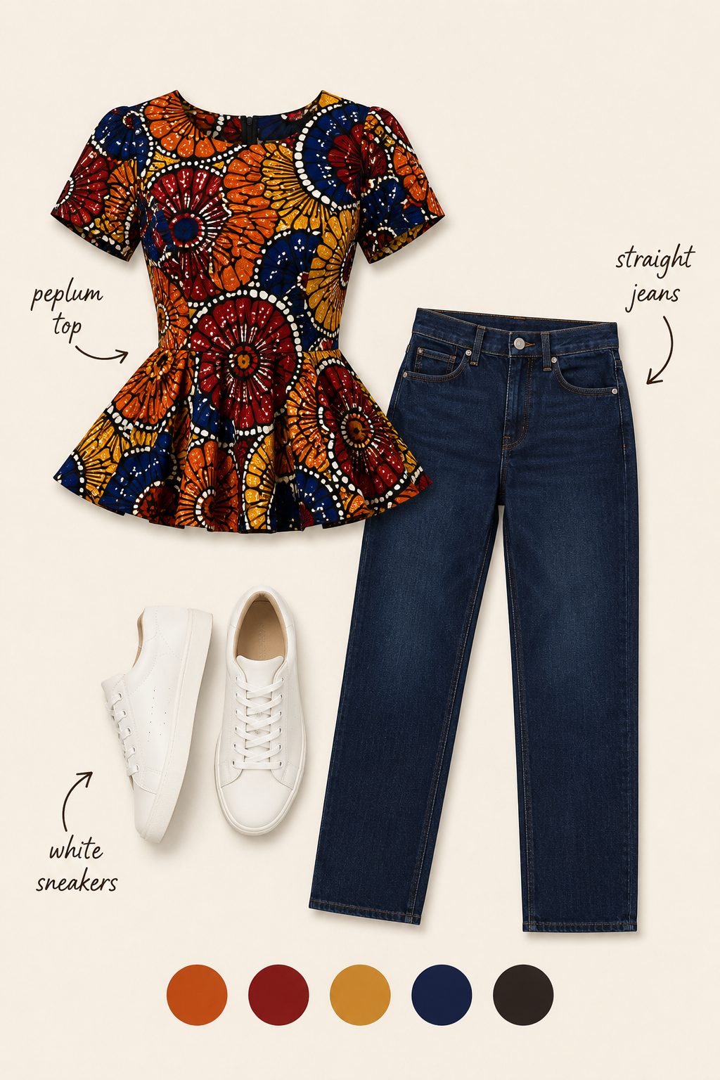 Ankara Peplum Top With Straight-Leg Jeans and White Sneakers