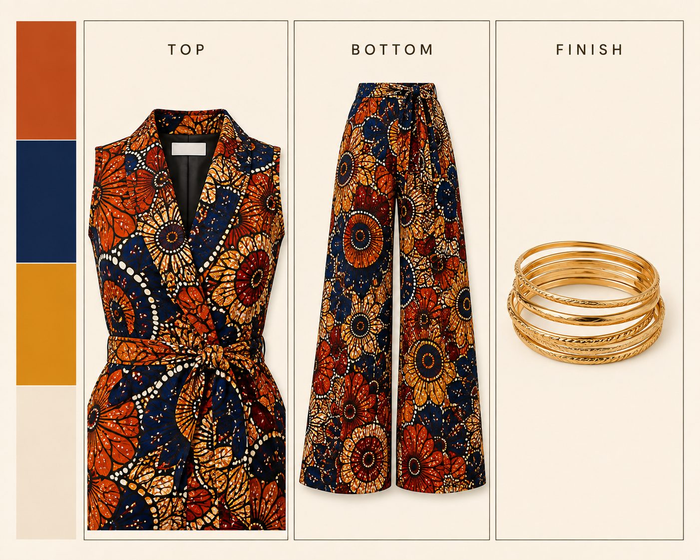 Ankara Jumpsuit With a Stack of Thin Gold Bangles