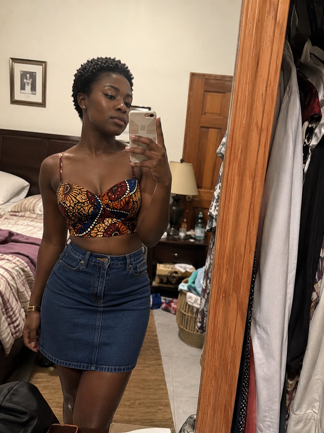 Ankara Crop Top With a High-Waisted Denim Skirt