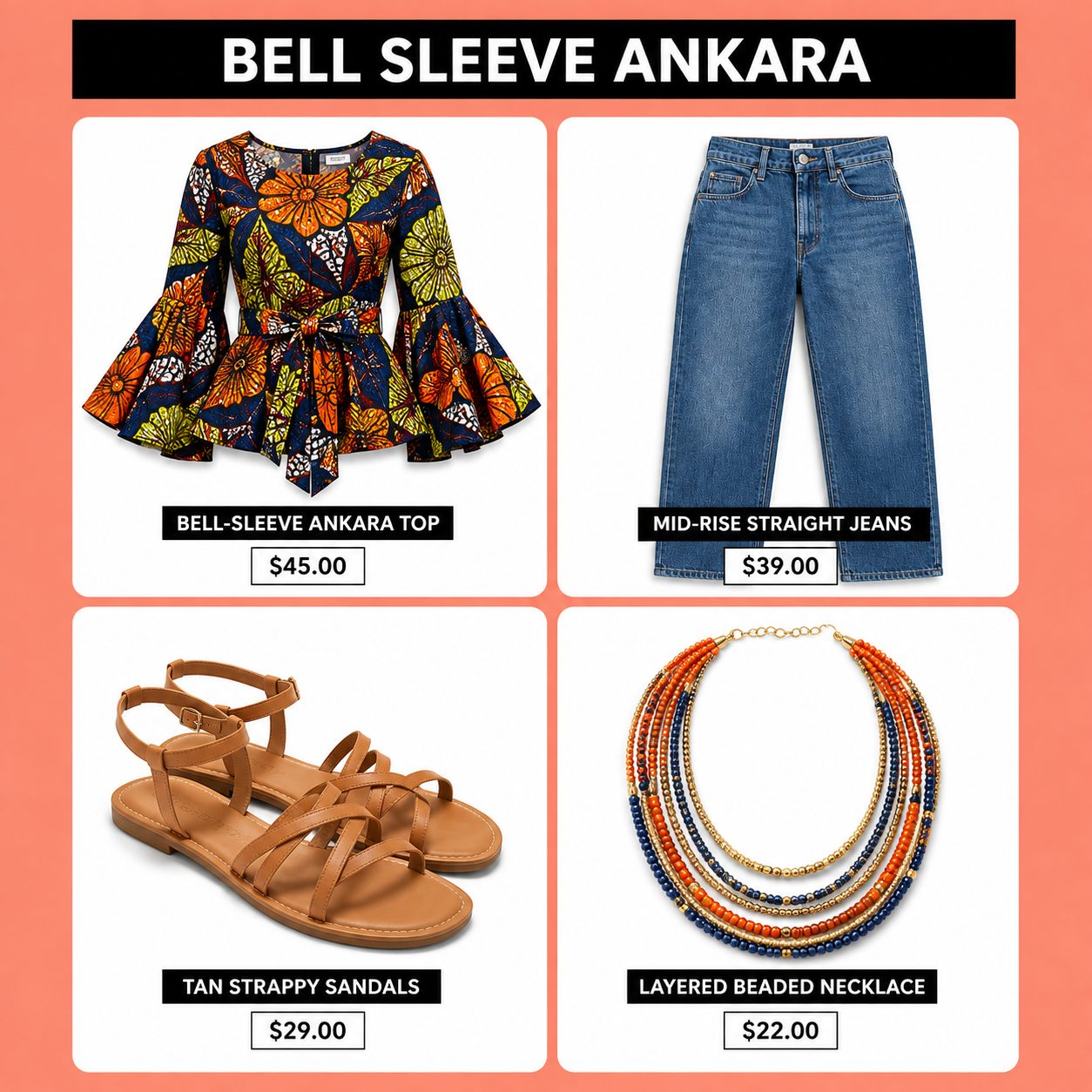 Off-Shoulder Ankara Top with Bell Sleeves and Mid-Rise Jeans