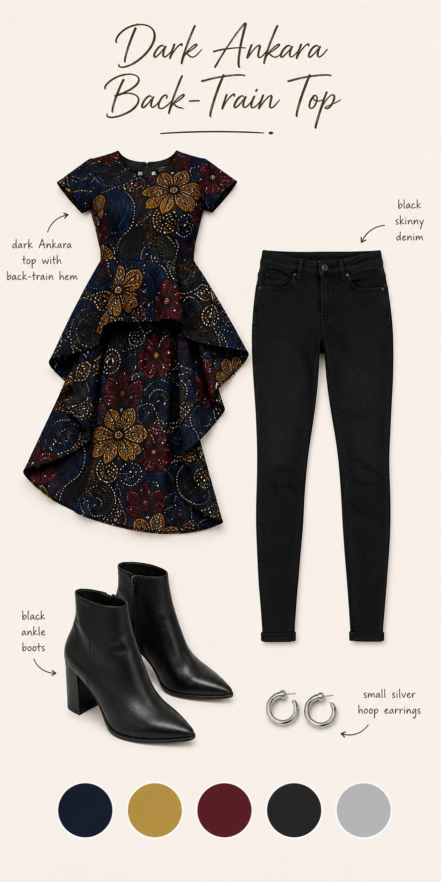 Dark-Shade Ankara Back-Train Top with Black Denim