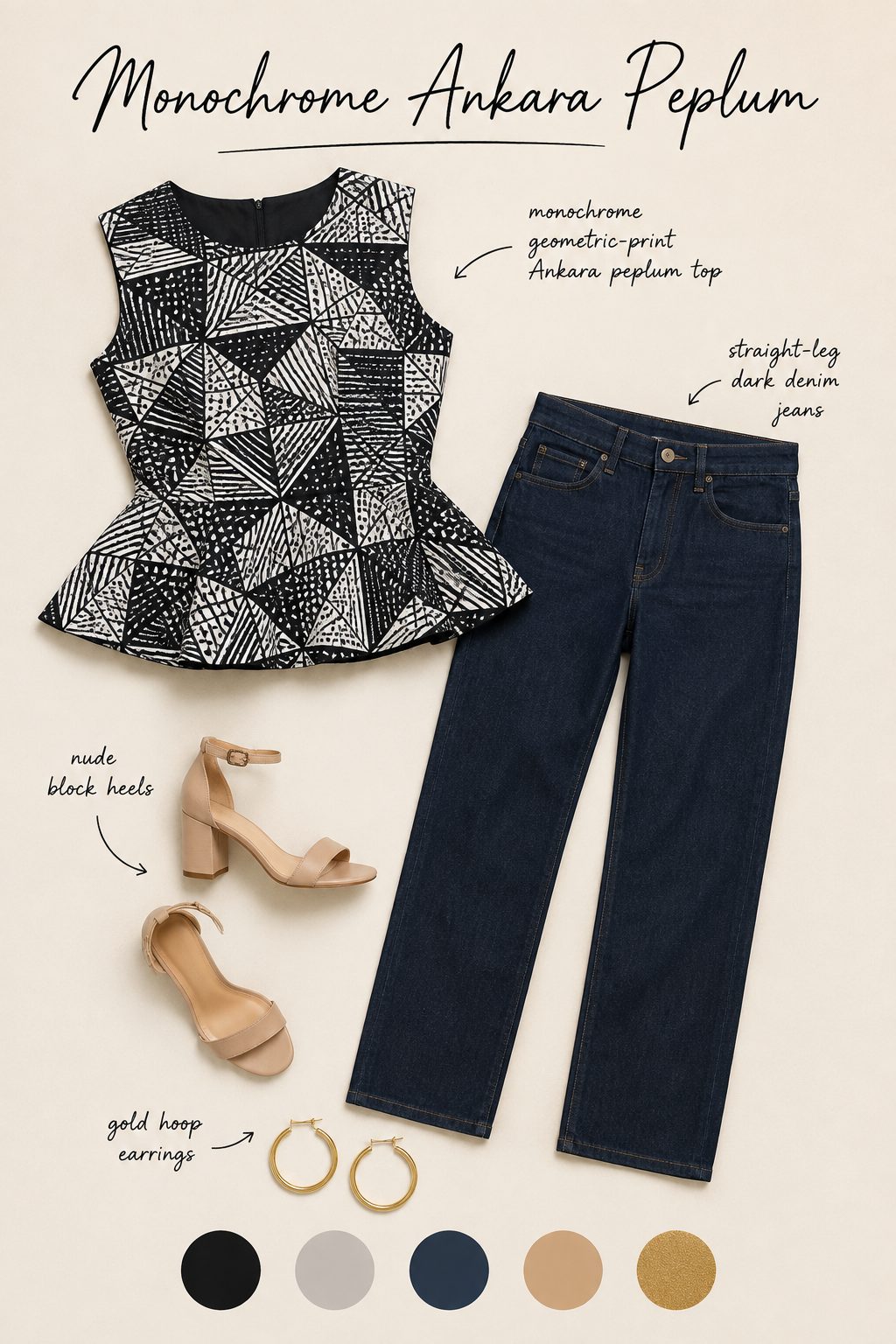 Monochrome Ankara Peplum Top with Straight-Leg Jeans